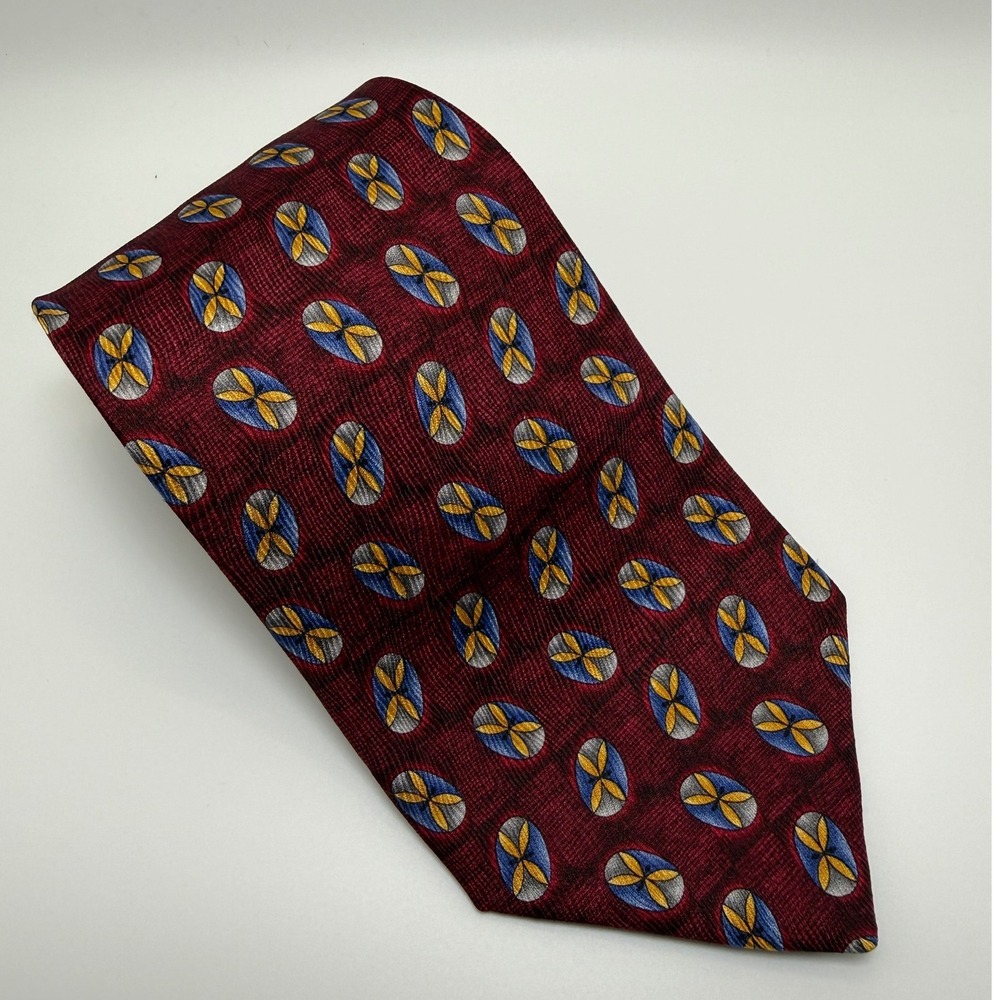 Robert Talbott Studio Silk Tie 3.75" Burgundy Red Blue Geometric Medallion Silk